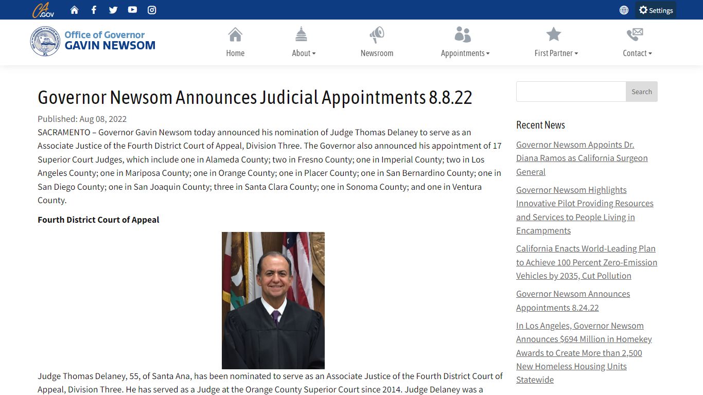 Governor Newsom Announces Judicial Appointments 8.8.22